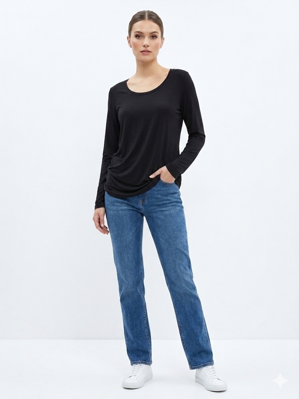 Classic Scoop Neck Long-Sleeve Top - Black Up To Size 3XL